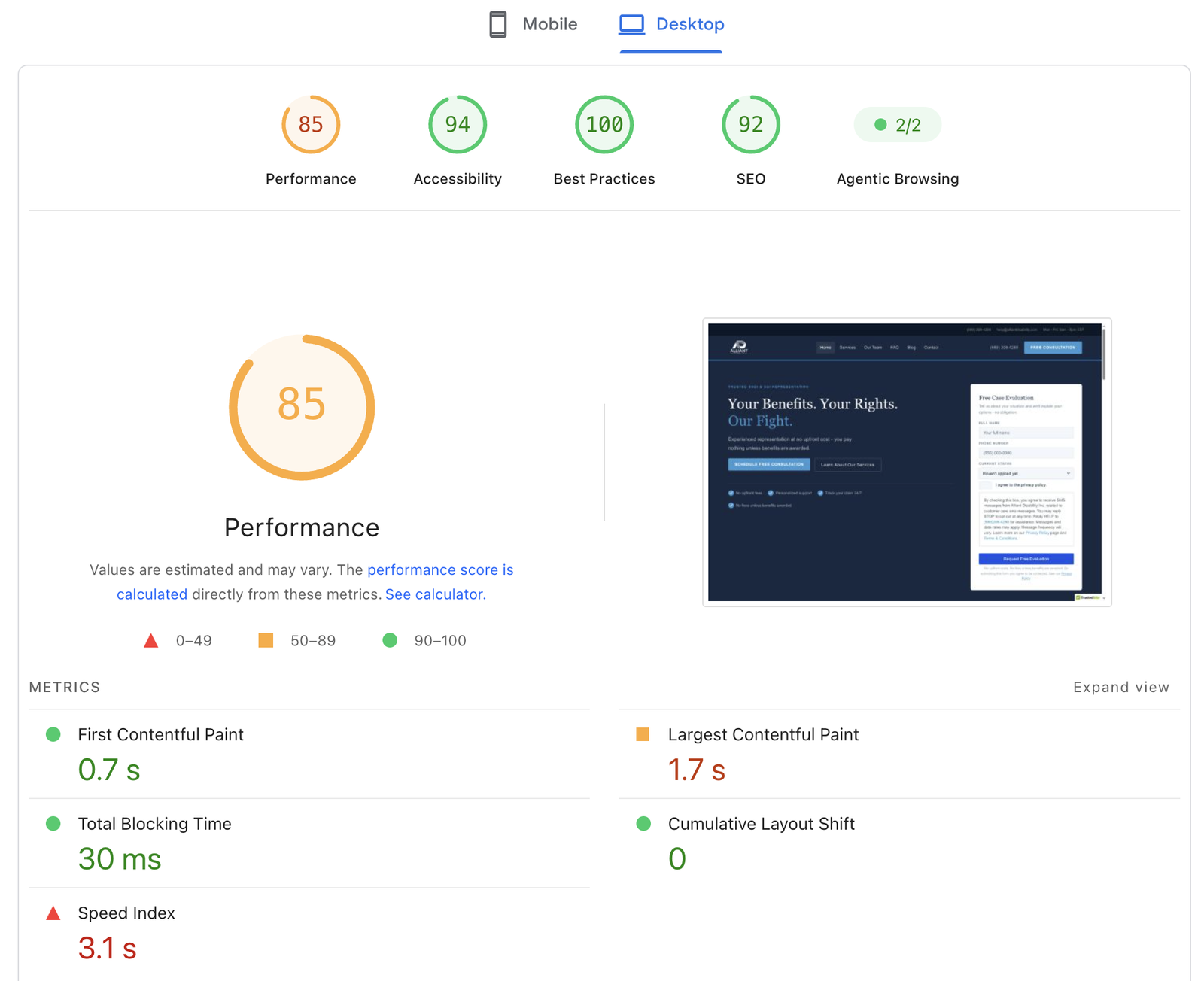 PageSpeed Insights report for Alliant Disability on desktop: Performance 85, Accessibility 94, Best Practices 100, SEO 92, First Contentful Paint 0.7 s, Largest Contentful Paint 1.7 s, Total Blocking Time 30 ms, Cumulative Layout Shift 0