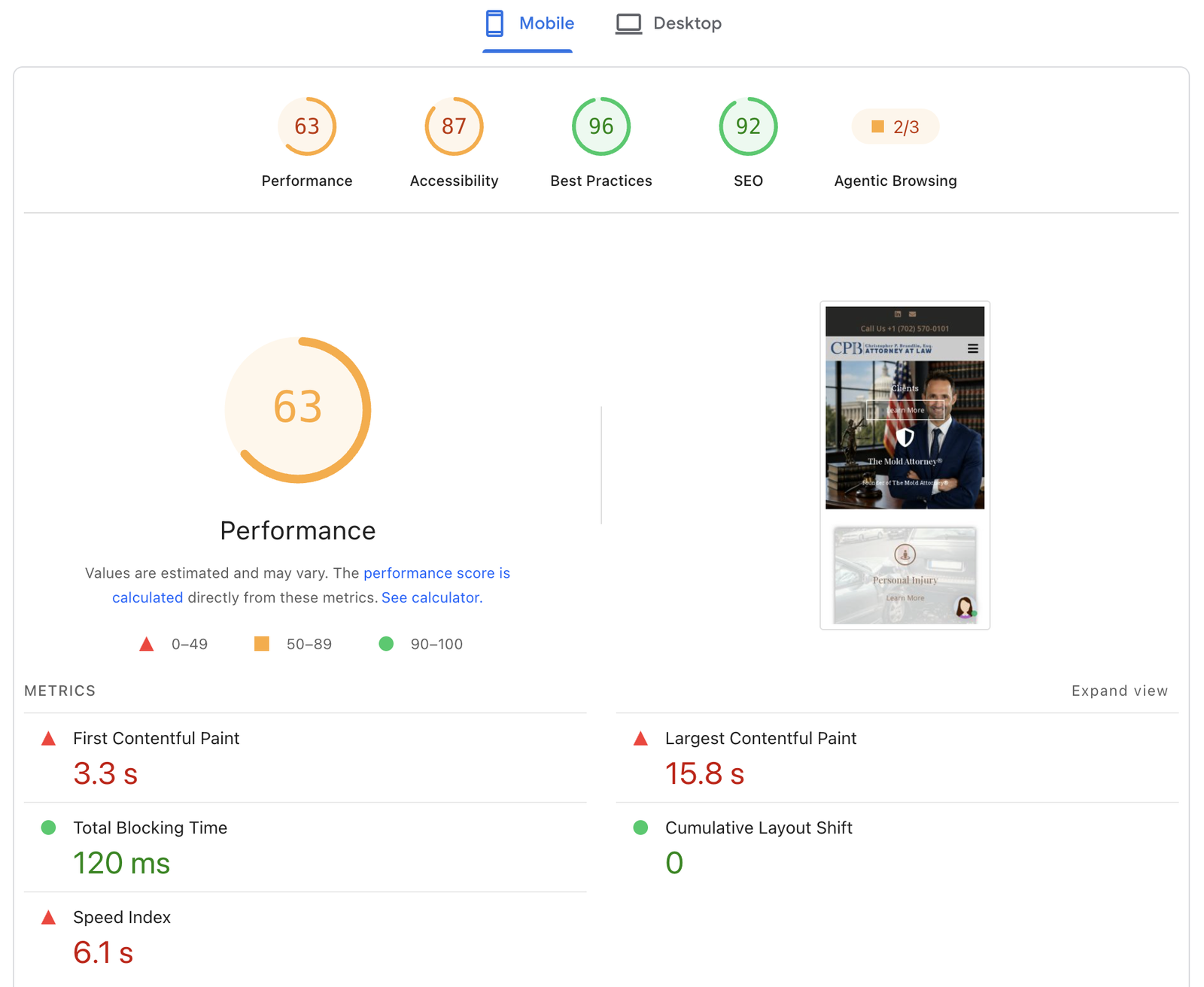 PageSpeed Insights report for the same site on mobile: Performance 63, Accessibility 87, Best Practices 96, SEO 92, First Contentful Paint 3.3 s, Largest Contentful Paint 15.8 s, Total Blocking Time 120 ms, Cumulative Layout Shift 0