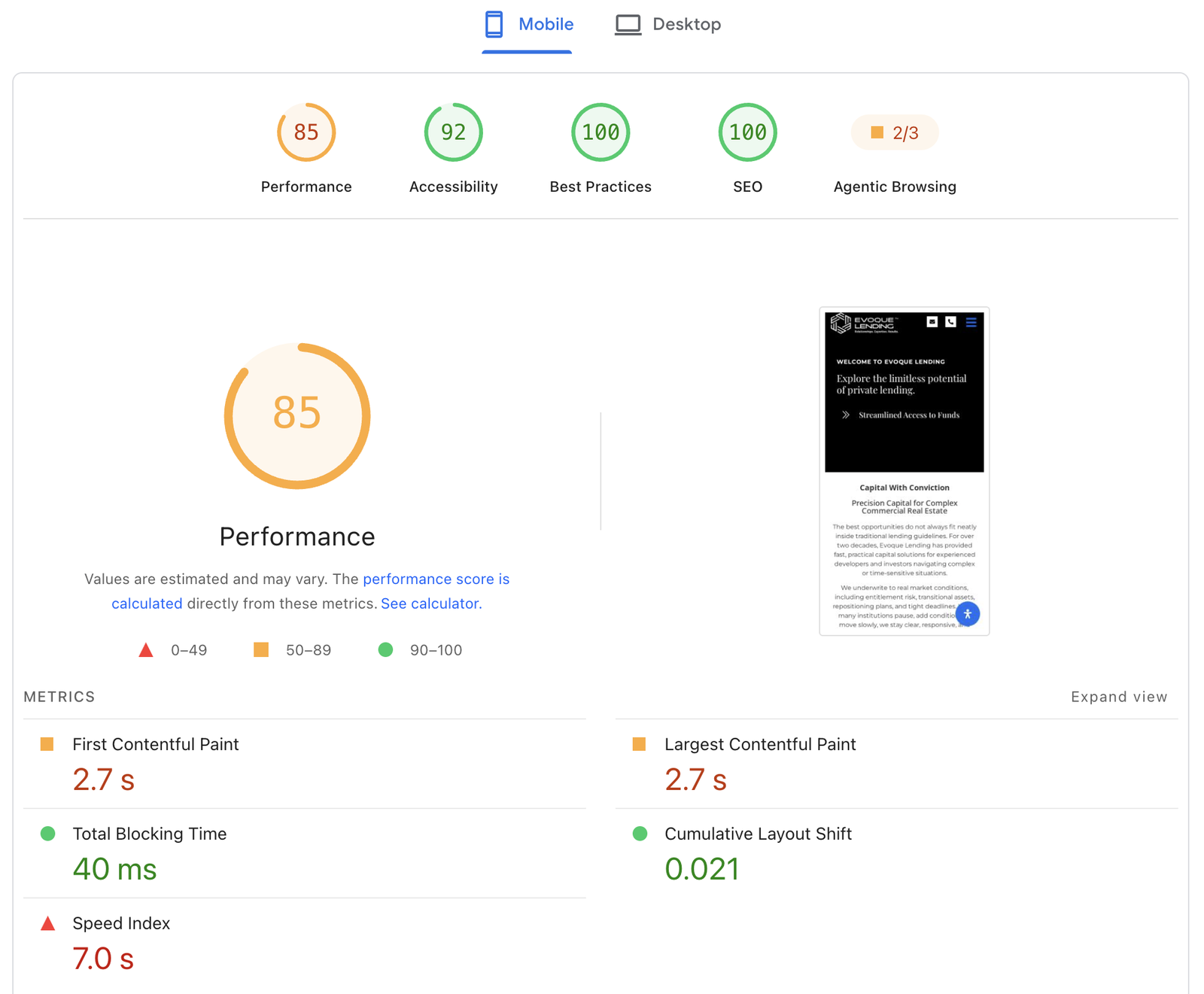 PageSpeed Insights report for the same site on mobile: Performance 85, Accessibility 92, Best Practices 100, SEO 100, First Contentful Paint 2.7 s, Largest Contentful Paint 2.7 s, Total Blocking Time 40 ms, Cumulative Layout Shift 0.021