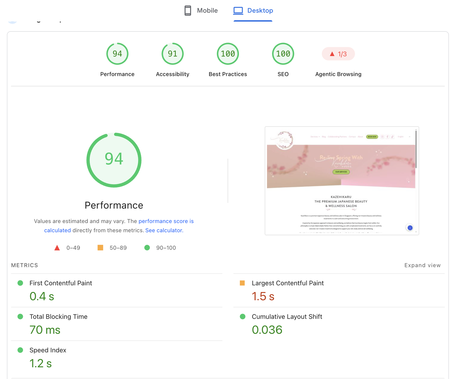 PageSpeed Insights report for Kazehikaru on desktop: Performance 94, Accessibility 91, Best Practices 100, SEO 100, First Contentful Paint 0.4 s, Largest Contentful Paint 1.5 s, Total Blocking Time 70 ms, Cumulative Layout Shift 0.036