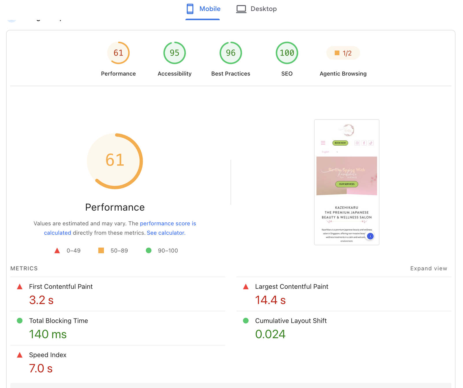 PageSpeed Insights report for the same site on mobile: Performance 61, Accessibility 95, Best Practices 96, SEO 100, First Contentful Paint 3.2 s, Largest Contentful Paint 14.4 s, Total Blocking Time 140 ms, Cumulative Layout Shift 0.024