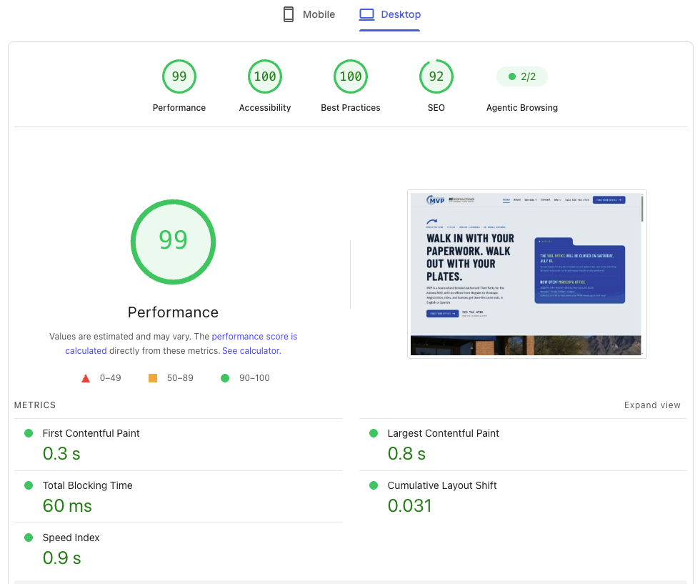 A PageSpeed Insights report for a site kept under a monthly maintenance plan