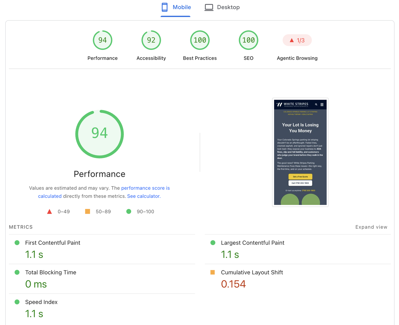 PageSpeed Insights report for the same site on mobile: Performance 94, with layout shift the only non-green metric